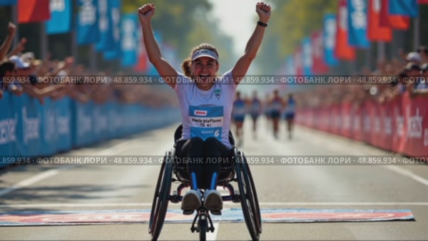 A woman in a wheelchair raises her right arm in a fist pump as she crosses the finish line of a marathon. The background is filled with spectators cheering the winner. Parasports competitions. Стоковое AI-видео, аниматор Sergey Grishin / Фотобанк Лори