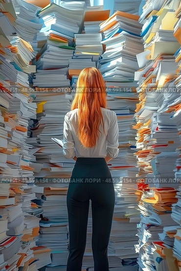 A woman in a white shirt and black pants surveys a chaotic environment filled with piles of documents, hinting at a busy workday. Стоковое AI-изображение, AI-художник Данила Большаков / Фотобанк Лори