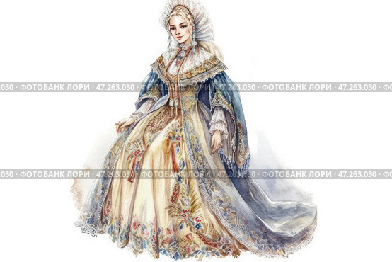 A woman in an exquisite historical dress reminiscent of the fashion of the 18th-19th centuries. Her dress is richly decorated with patterns, gold embroidery and floral motifs. The upper part of the dress includes lace cuffs, a fringed cape and puffy sleeves. The headdress is a traditional bonnet or kokoshnik, which gives the image elegance and grandeur. The color scheme is maintained in delicate pastel tones - cream, blue and gold. The atmosphere of the illustration conveys aristocracy, elegance and the spirit of an ancient era. Стоковое AI-изображение, AI-художник Анна Кривицкая / Фотобанк Лори