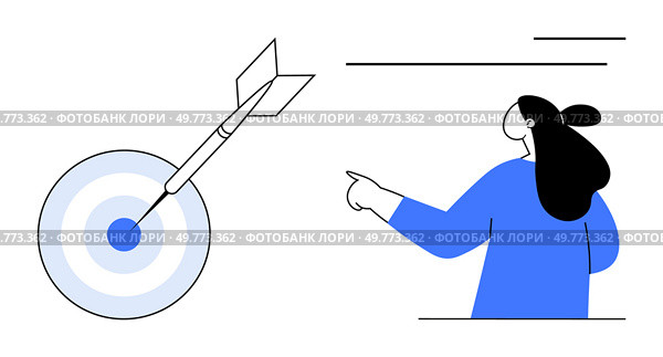 A woman in blue points toward a dart hitting the bullseye of a target. Ideal for goal-setting, motivation, focus, precision, and direction. Simple minimalist style. Woman Pointing Towards Archery Target Symbolizing Aim and Focus. Стоковая иллюстрация, агентство Ingram Publishing / Фотобанк Лори