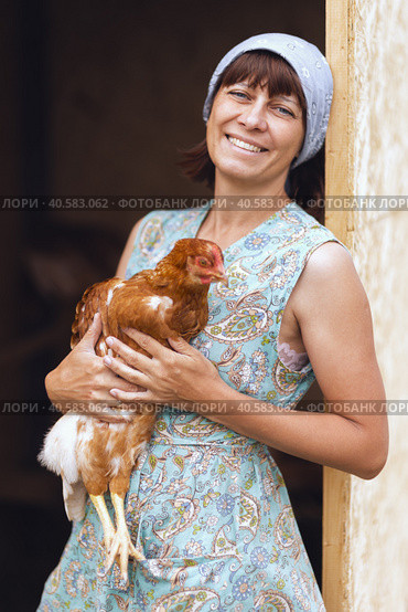A woman in the village, in a chicken coop, takes care of poultry chickens. Private poultry farm. Стоковое фото, фотограф Анатолий Типляшин / Фотобанк Лори
