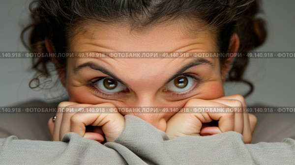 A woman is covering her face with her hands, hiding her expression from view. Стоковое AI-изображение, AI-художник Данила Большаков / Фотобанк Лори