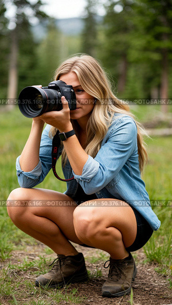 A woman is crouching down to take a picture with a camera. Стоковое фото, фотограф Ярославский Максим / Фотобанк Лори