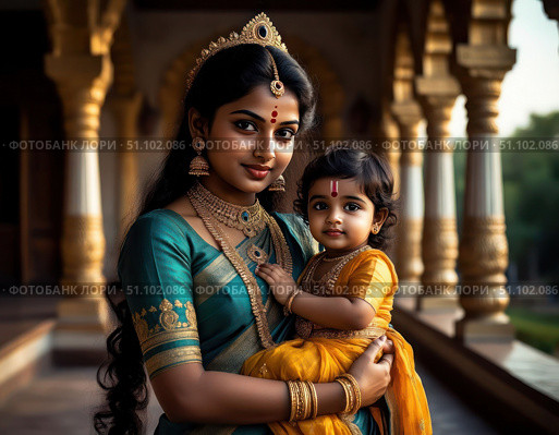 A woman is holding a baby girl in a yellow dress. Стоковое AI-изображение, AI-художник Ярославский Максим / Фотобанк Лори