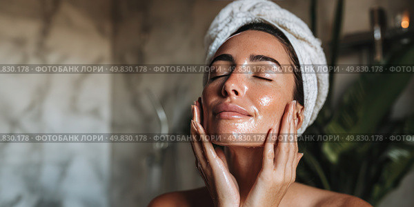 A woman is in the bathroom, washing her face with a cleanser. Стоковое AI-изображение, AI-художник Ярославский Максим / Фотобанк Лори
