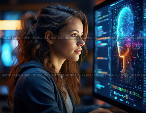 A woman is looking at a computer screen with a face on it. Стоковое AI-изображение, AI-художник Ярославский Максим / Фотобанк Лори