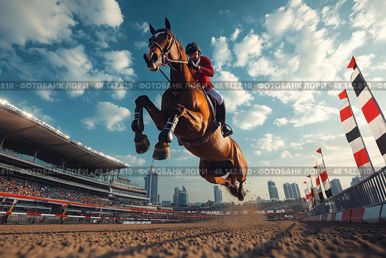A woman is riding a horse in a race. Стоковое AI-изображение, AI-художник Ярославский Максим / Фотобанк Лори