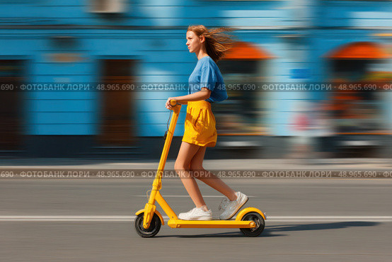 A woman is riding a yellow scooter down a street. Стоковое AI-изображение, AI-художник Ярославский Максим / Фотобанк Лори