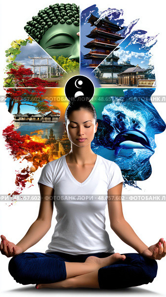 A woman is sitting cross legged in a lotus position. Стоковое AI-изображение, AI-художник Ярославский Максим / Фотобанк Лори