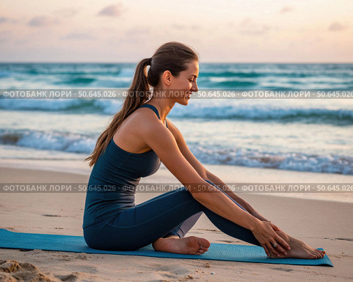 A woman is sitting on a mat on the beach, looking at the ocean. Стоковое AI-изображение, AI-художник Ярославский Максим / Фотобанк Лори