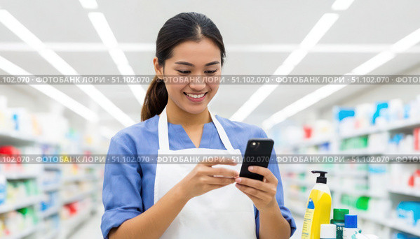 A woman is smiling while looking at her cell phone in a store. Стоковое AI-изображение, AI-художник Ярославский Максим / Фотобанк Лори
