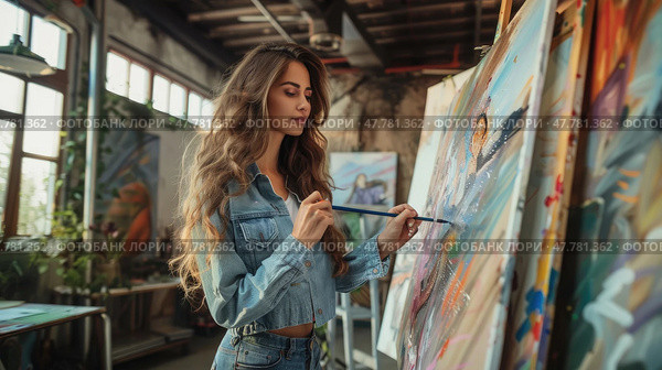 A woman is standing in front of a large canvas, focused on painting a colorful abstract artwork with a palette of paintbrushes. Стоковое AI-изображение, AI-художник Данила Большаков / Фотобанк Лори