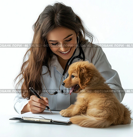 A woman is writing in a medical record while a puppy sits on her lap. Стоковое AI-изображение, AI-художник Ярославский Максим / Фотобанк Лори