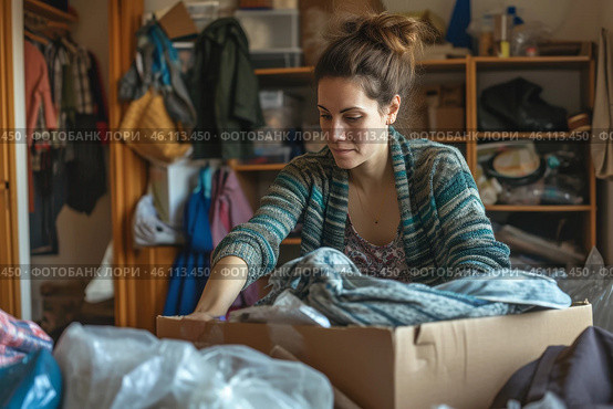 A woman organizes belongings in a cardboard box at home during a decluttering session on a sunny afternoon. Стоковое AI-изображение, AI-художник Sergey Grishin / Фотобанк Лори