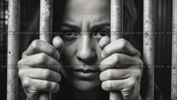 A woman peers through prison bars with a forlorn expression. The stark black-and-white photograph captures the despair of confinement, with her gaze seeking beyond the bars. Стоковое AI-видео, аниматор Ольга Сухарева / Фотобанк Лори