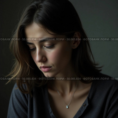 A woman sits quietly in a softly illuminated space, her expression reflecting deep contemplation and emotions Generative AI. Стоковое AI-изображение, AI-художник Юлия Петровская / Фотобанк Лори