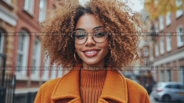A woman smiles brightly while wearing a stylish orange coat and standing on a picturesque city street surrounded by autumn colors. Стоковое AI-видео, аниматор Данила Большаков / Фотобанк Лори