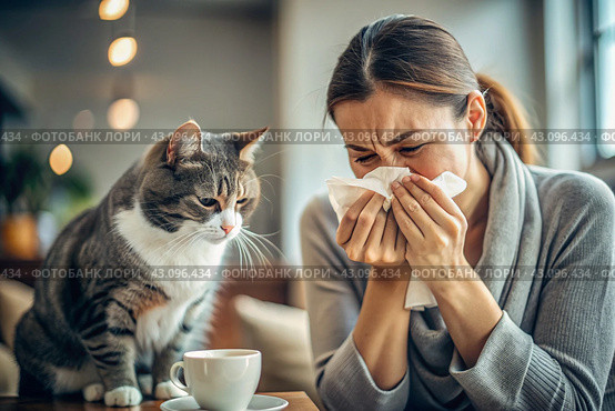A woman sneezes into a white napkin at home. Allergies to cats and pet hair. There's a cat sitting next to me. Стоковое AI-изображение, AI-художник Photojuli / Фотобанк Лори