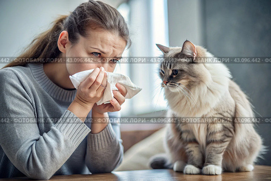 A woman sneezes into a white napkin at home. Allergies to cats and pet hair. There's a cat sitting next to me. Стоковое AI-изображение, AI-художник Photojuli / Фотобанк Лори