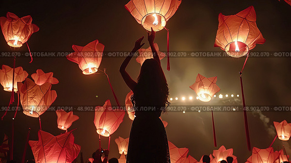 A woman stands confidently in front of numerous red lanterns hanging above her, creating a vibrant and cultural backdrop. Стоковое AI-изображение, AI-художник Данила Большаков / Фотобанк Лори