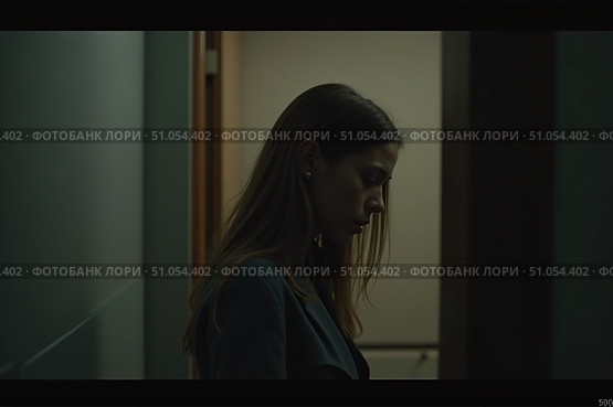 A woman stands in a softly lit hallway, her gaze lowered as she seems lost in thought. Shadows envelop the space, creating an atmosphere of contemplation and intrigue in the quiet evening. Стоковое AI-изображение, AI-художник Ольга Игнашина / Фотобанк Лори