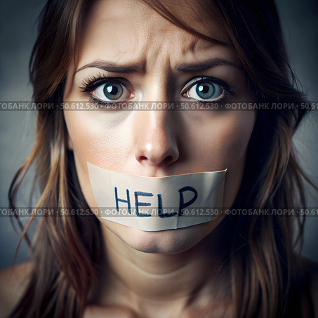 A woman stares intensely with wide eyes, her mouth covered by tape labeled \'HELP\'. This powerful image evokes emotions of despair and urgency, emphasizing the need for support and intervention. Стоковое AI-изображение, AI-художник Ольга Игнашина / Фотобанк Лори