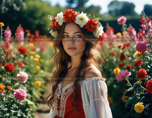 A woman wearing a flower crown stands in a field of flowers. Стоковое AI-изображение, AI-художник Ярославский Максим / Фотобанк Лори