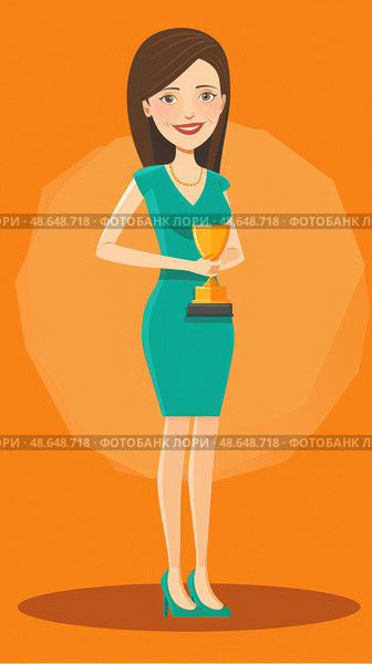A woman wearing a green dress stands proudly holding a trophy, showcasing her accomplishment against a bright orange backdrop. Стоковое AI-изображение, AI-художник Данила Большаков / Фотобанк Лори