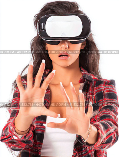 A woman wearing a red and white plaid shirt is wearing a virtual reality headset. Стоковое AI-изображение, AI-художник Ярославский Максим / Фотобанк Лори