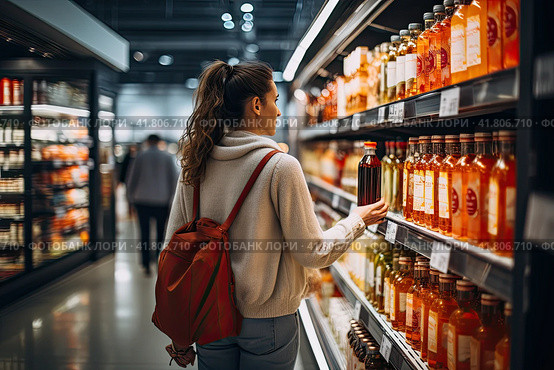 A woman who focuses on conscious consumption thoughtfully navigates the aisles of the supermarket, prioritizing nutritional value. Generated by AI. Стоковое AI-изображение, AI-художник Ярославский Максим / Фотобанк Лори