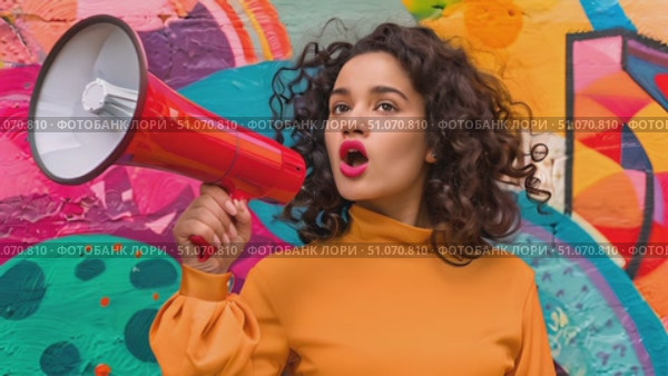 A woman with curly hair shouts into a megaphone while standing in front of a vibrant, colorful wall. Стоковое AI-видео, аниматор Данила Большаков / Фотобанк Лори