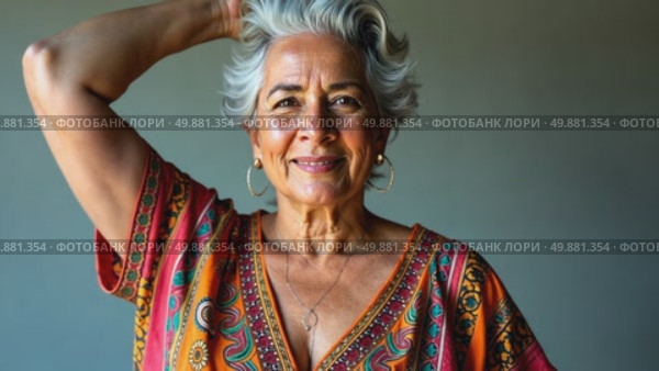 A woman with gray hair, dressed in vibrant, patterned clothing, standing confidently with her arm raised, scratches and ruffles her hair, soft lighting studio background. Стоковое AI-видео, аниматор Sergey Grishin / Фотобанк Лори