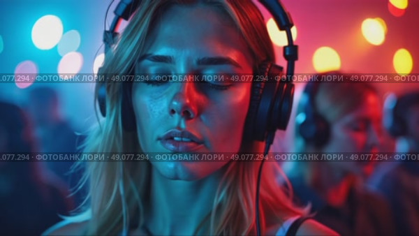 A woman with headphones lost in music, club lights creating colorful patterns across her face, eyes closed in enjoyment. Стоковое AI-видео, аниматор Sergey Grishin / Фотобанк Лори