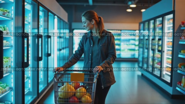 A woman with shopping cart examining frozen food section, cool blue lighting from freezers creating dramatic contrast. Стоковое AI-видео, аниматор Sergey Grishin / Фотобанк Лори
