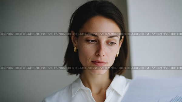 A woman with short dark hair and a white blouse is looking thoughtfully at a document or paper in front of her. Her expression is calm and focused, possibly suggesting she is reading something important or personal. The natural lighting and neutral background give the image a serene and introspective feel. Стоковое AI-изображение, AI-художник Ксения Чунаева / Фотобанк Лори