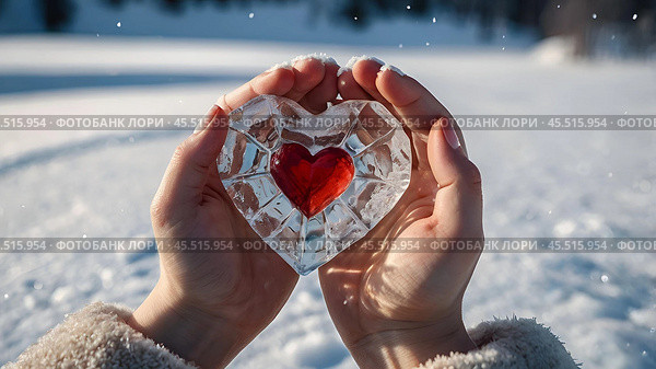 A woman's hands are holding a piece of ice with a red heart inside. Snow is falling. Valentine's Day and World Health, Love and Family Insurance Day. Стоковое AI-изображение, AI-художник Photojuli / Фотобанк Лори
