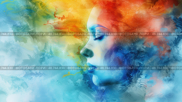 A woman’s profile is gently illuminated by a swirl of colorful, ethereal patterns, suggesting tranquility and introspection amidst vibrant hues. Стоковое AI-изображение, AI-художник Данила Большаков / Фотобанк Лори