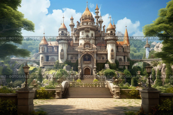 A wonderful castle with wrought-iron grilles and carved doors, the embodiment of fairytale architecture. Стоковое AI-изображение, AI-художник Юрий Поздников / Фотобанк Лори