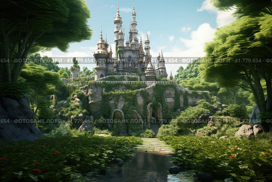 A wonderful fairytale castle among dense greenery and numerous trees on the edge of the forest. Стоковое AI-изображение, AI-художник Юрий Поздников / Фотобанк Лори