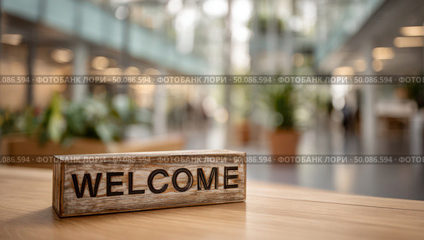 A wooden sign that says "welcome" sits on a table. Стоковое AI-изображение, AI-художник Ярославский Максим / Фотобанк Лори
