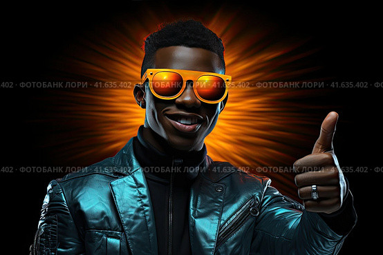 A young African-American man smiles broadly and gives the camera a thumbs-up. The concept of luck and success. Generated by AI. Стоковое AI-изображение, AI-художник Ярославский Максим / Фотобанк Лори