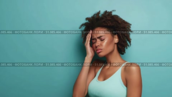 A young African woman with curly hair holds her head in distress against a blue background. She appears to be experiencing discomfort or stress. Стоковое AI-видео, аниматор Nart / Фотобанк Лори