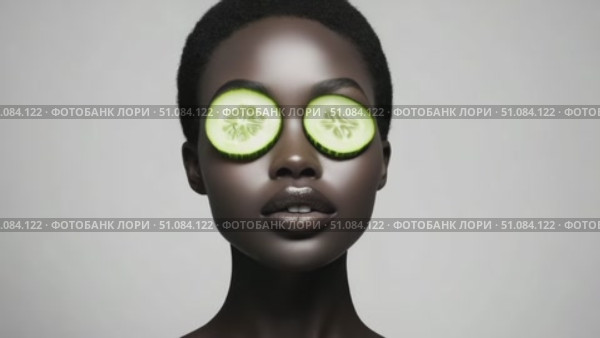 A young African woman with short hair has cucumber slices over her eyes. She has a smooth, dark complexion and a serene expression. The background is neutral and minimalistic. Стоковое AI-видео, аниматор Nart / Фотобанк Лори