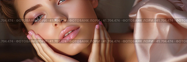 A young and very beautiful girl feels her face after peeling and smiles. Cosmetic procedures. Close-up. Generated by AI. Стоковое AI-изображение, AI-художник Ярославский Максим / Фотобанк Лори
