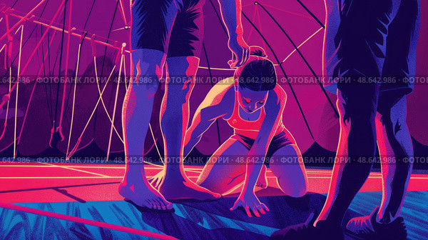 A young athlete crouches on the floor, preparing for a routine, surrounded by coaches against a colorful backdrop in a gymnasium. Стоковое AI-изображение, AI-художник Данила Большаков / Фотобанк Лори