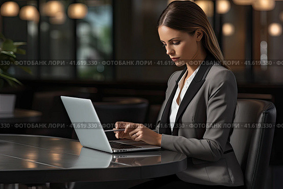 A young beautiful businesswoman is sitting at a table in front of a laptop and looking at the screen. Generated by AI. Стоковое AI-изображение, AI-художник Ярославский Максим / Фотобанк Лори