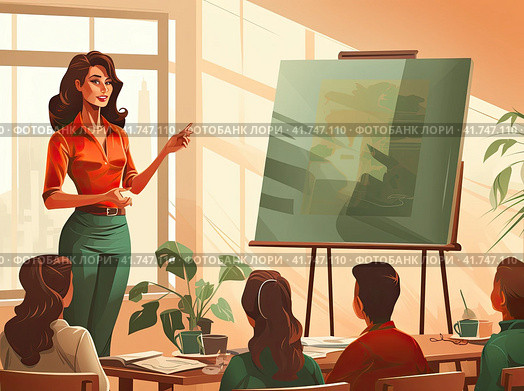 A young beautiful girl holds a presentation of her project at a meeting of colleagues. The concept of office work. Generated by AI. Стоковое AI-изображение, AI-художник Ярославский Максим / Фотобанк Лори