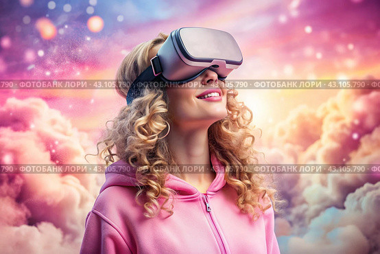 A young beautiful girl in a pink hoodie playing virtual reality in fabulous pink clouds with a virtual reality headset in front of her eyes. Стоковое AI-изображение, AI-художник Photojuli / Фотобанк Лори