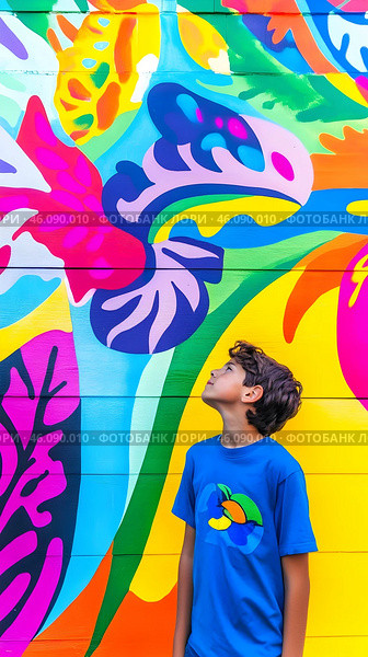 A young boy gazes in awe at a striking mural, surrounded by bright colors and whimsical shapes. Стоковое AI-изображение, AI-художник Елена Старчак / Фотобанк Лори