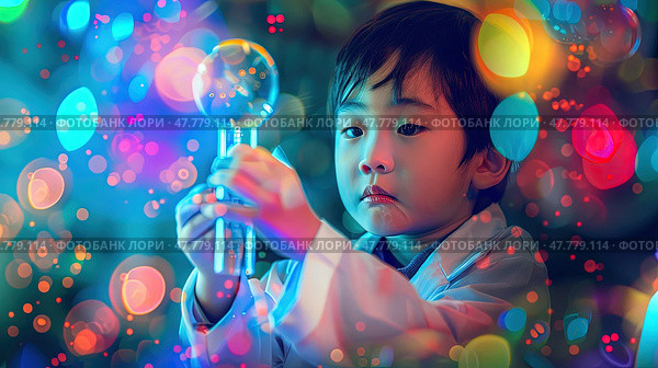 A young boy is holding a crystal ball in his hand, looking curiously at the reflections within. Стоковое AI-изображение, AI-художник Данила Большаков / Фотобанк Лори